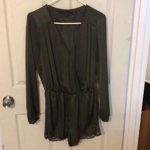 Olive green long sleeve romper with lace trim